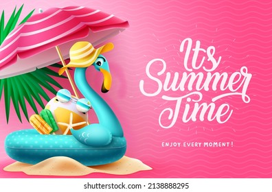 Diseño de fondo vectorial de verano. Es el texto de verano con fondo rosado de patrón con flotadores flamingo y elementos paraguas para la temporada de vacaciones tropicales. Ilustración vectorial.
