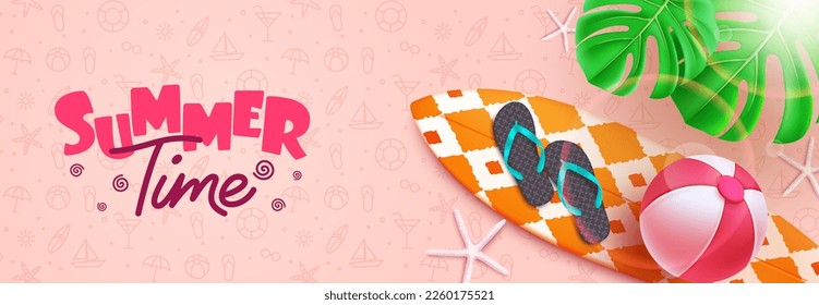 Summer time vector background. Summer time text with surfboard and beach ball elements in pattern background. Vector illustration summer holiday design.
