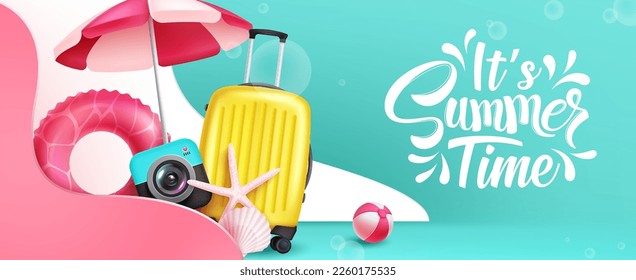 Summer time vector background. It's summer time text with beach and travel elements in abstract shape design. Vector illustration summer time abstract.
