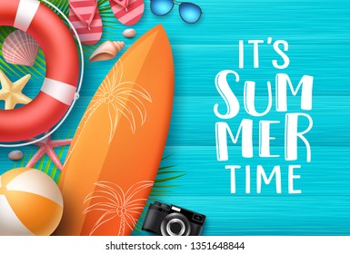 It's summer time vector banner background template. Summer text in empty wood textured background space with colorful beach elements like surfboard and beach ball. Vector illustration.
