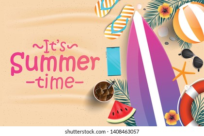 It's summer time vector banner background template.Tropical plants, flower, beach ball, sunglasses, cocktail, shells, sutfboard, lifebealt and watermelone. Vector illustration