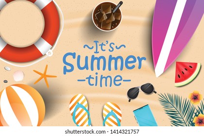 It's summer time vector banner background template.Tropical plants, flower, beach ball, sunglasses, cocktail, shells, sutfboard, lifebealt and watermelone. Vector illustration