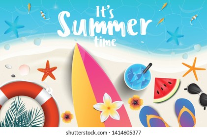 It's summer time vector banner background template.Tropical plants, flower, beach ball, sunglasses, cocktail, shells, surfboard, lifebealt and watermelone. Vector illustration