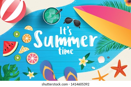 It's summer time vector banner background template.Tropical plants, flower, beach ball, sunglasses, cocktail, shells, sutfboard, lifebealt and watermelone. Vector illustration