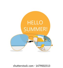 Summer time vector banner, background design with sunglasses. Hello summer. Vacation and travel concept.