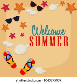 Summer time vector banner design with white circle for text and colorful beach elements in white background