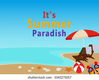 Summer time vector banner design with white circle for text and colorful beach elements in white background