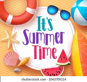 It's summer time vector banner design template with colorful beach elements and white space for text and title in yellow pattern background for summer season. Vector illustration.
