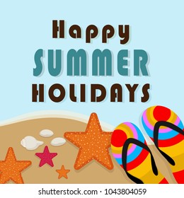 Summer time vector banner design with white circle for text and colorful beach elements in white background