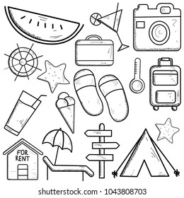 Summer time vector banner design with white circle for text and colorful beach elements in white background