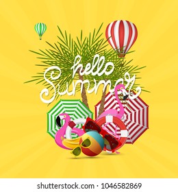 Summer time vector banner design and colorful beach elements