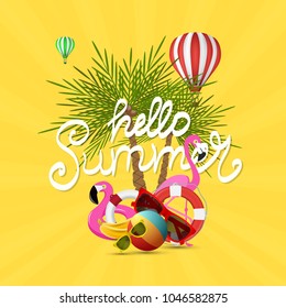 Summer time vector banner design and colorful beach elements