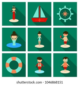 Summer time vector banner design with people on the beach. Vector illustration.