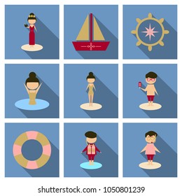 Summer time vector banner design with people on the beach. Vector illustration.