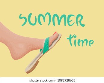 Summer time vector banner design with tanned kicking bare foot in sandal on the beach. Vector illustration. wallpaper, fun, party, background, art, image, design, travel, poster, event