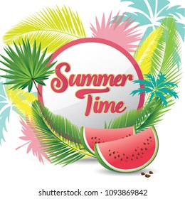 Summer time vector banner design with white circle for text, watermelon and palm leaf