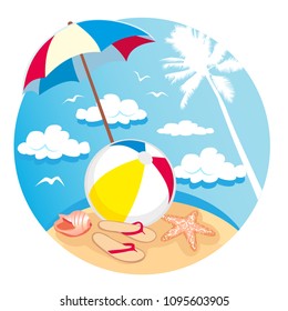 Summer time vector banner design with colorful beach elements in white background. Vector illustration. Isolated on whight.