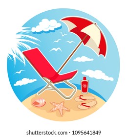 Summer time vector banner design with colorful beach elements in white background. Vector illustration. Isolated on whight.