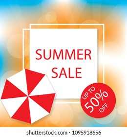 Summer time vector banner design with white circle for text and colorful beach elements in white background. Vector illustration