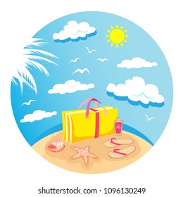 Summer time vector banner design with colorful beach elements in white background. Vector illustration. Isolated on whight.