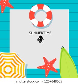 Summer time vector banner design with place for text and colorful beach elements in blue background. Vector illustration. Summer Holiday Banner