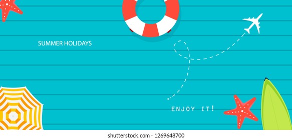 Summer time vector banner design with place for text and colorful beach elements in blue background. Vector illustration. Summer Holiday Banner