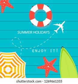 Summer time vector banner design with  colorful beach elements in blue background. Vector illustration. Summer Holiday Banner