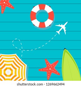 Summer time vector banner design with place for text and colorful beach elements in blue background. Vector illustration. Summer Holiday Banner