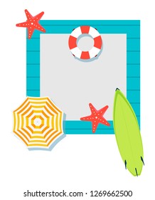 Summer time vector banner design with place for text and colorful beach elements in blue background. Vector illustration. Summer Holiday Banner