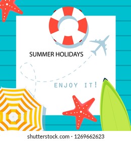 Summer time vector banner design with place for text and colorful beach elements in blue background. Vector illustration. Summer Holiday Banner