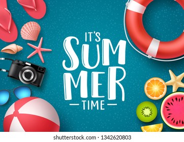 It's summer time vector banner design with text and summer elements like beach ball, seashells and fruits in blue textured background. Vector illustration.
