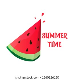 Summer time vector banner design with white circle for text and colorful watermelon. Vector illustration.