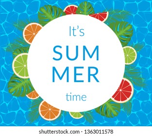 Summer time vector banner design with white circle for text and colorful elements. Vector illustration.