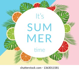 Summer time vector banner design with white circle for text and colorful elements. Vector illustration.