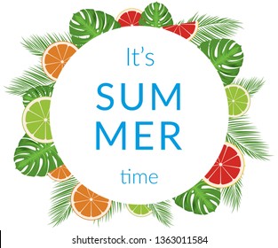 Summer time vector banner design with white circle for text and colorful elements. Vector illustration.