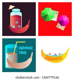 Summer time vector banner design with text and colorful beach elements in background. Vector illustration.