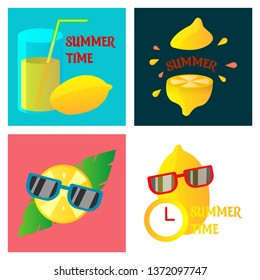 Summer time vector banner design with text and colorful beach elements in background. Vector illustration.