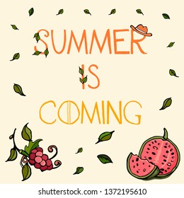 Summer time vector banner design with white circle for text and colorful beach elements in white background. Vector illustration