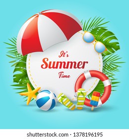 Summer time vector banner design with colorful beach elements. Vector illustration