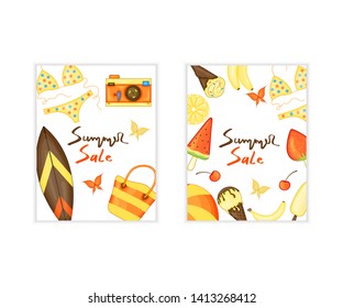 Summer time vector banner design for text and colorful beach elements in white background. Vector illustration.