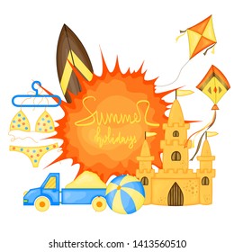 Summer time vector banner design for text and colorful beach elements in white background. Vector illustration.