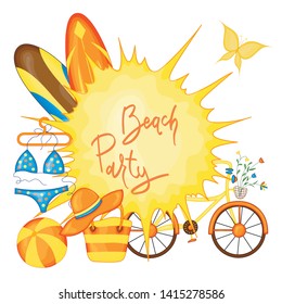 Summer time vector banner design for text and colorful beach elements in white background. Vector illustration.