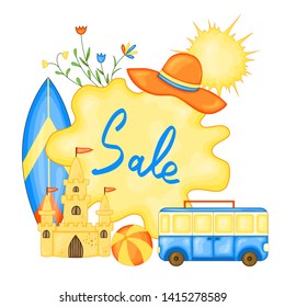 Summer time vector banner design for text and colorful beach elements in white background. Vector illustration.