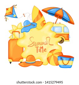 Summer time vector banner design for text and colorful beach elements in white background. Vector illustration.