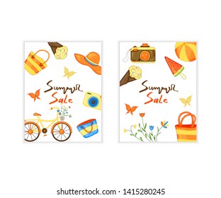 Summer time vector banner design for text and colorful beach elements in white background. Vector illustration.