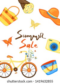 Summer time vector banner design for text and colorful beach elements in white background. Vector illustration.