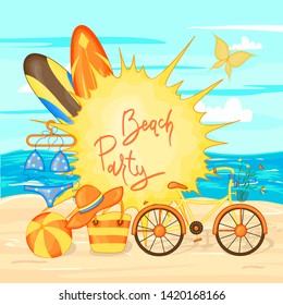 Summer time vector banner design for text and colorful beach elements on the background of sea and sand. Vector illustration.