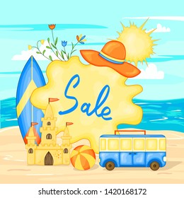 Summer time vector banner design for text and colorful beach elements on the background of sea and sand. Vector illustration.