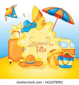 Summer time vector banner design for text and colorful beach elements on the background of sea and sand. Vector illustration