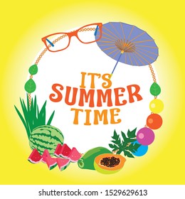 Summer time vector banner design with white circle for text and colorful beach elements in white background. Vector illustration